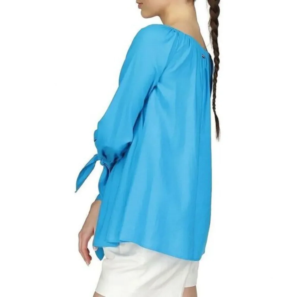 Michael Kors Blue Off Shoulder Tie Sleeve Blouse Boho Peasant Top size M